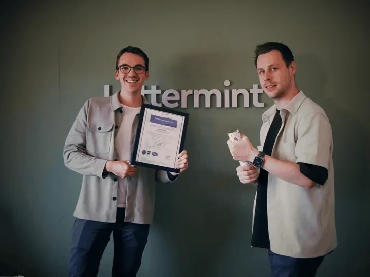 The framed ISO 27001 certificate at the Lettermint office