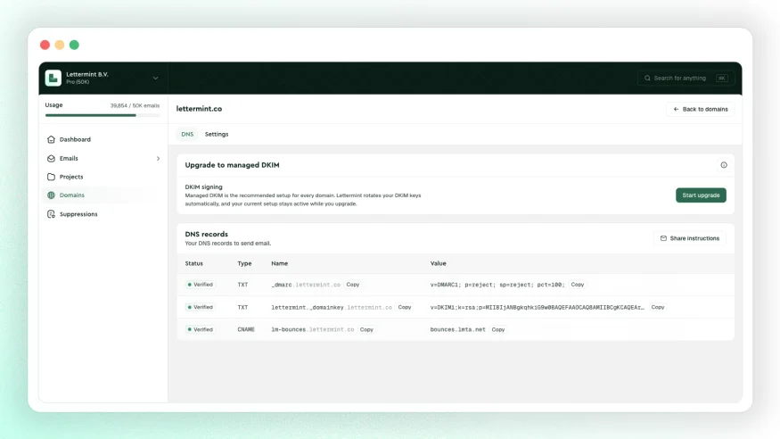 Lettermint managed DKIM