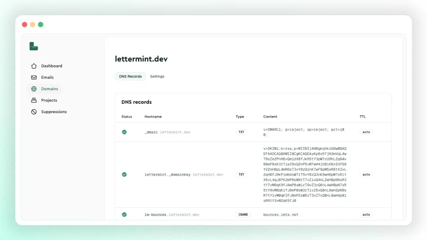 Enregistrements DNS Lettermint