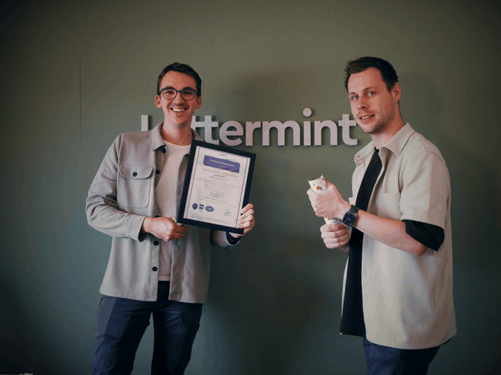 The framed ISO 27001 certificate at the Lettermint office