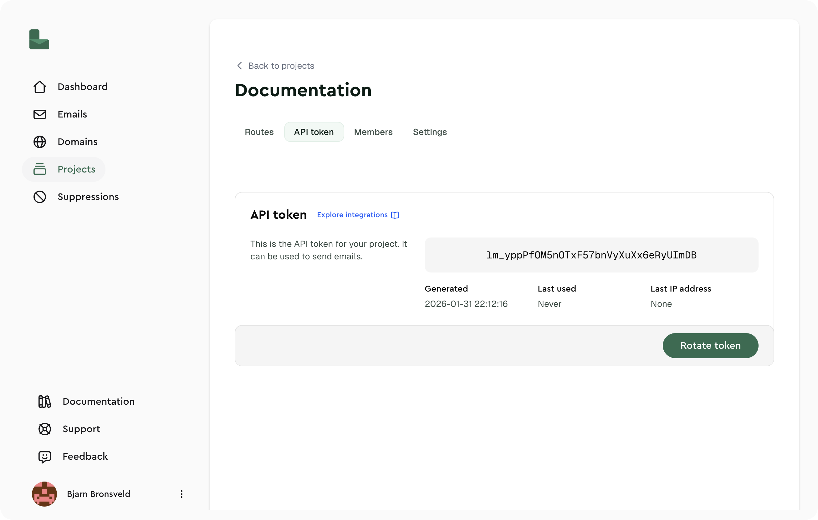 API token location in the Lettermint dashboard