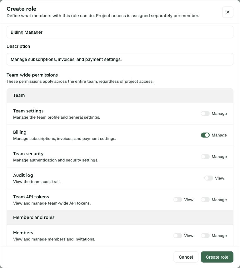 Role editor with team-wide and project permission groups
