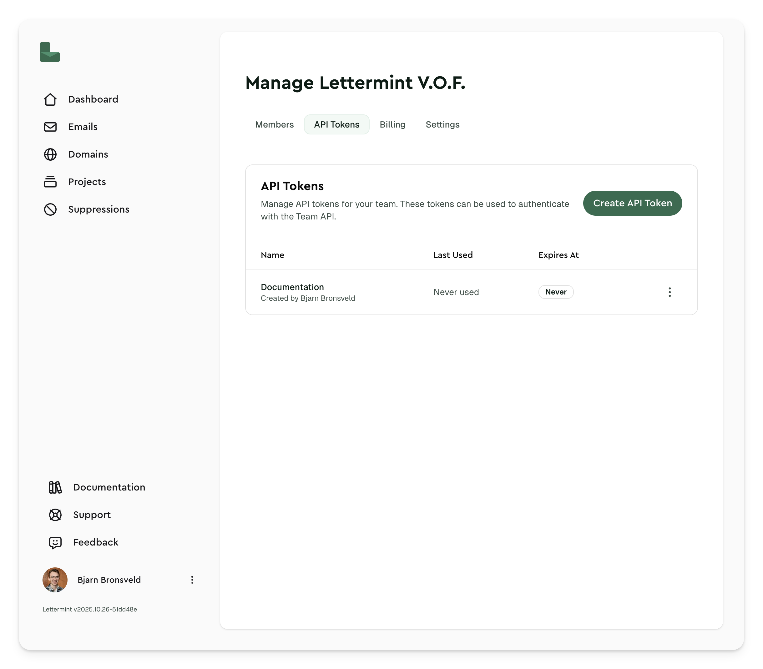 List of team API tokens with their names, abilities, and usage information.