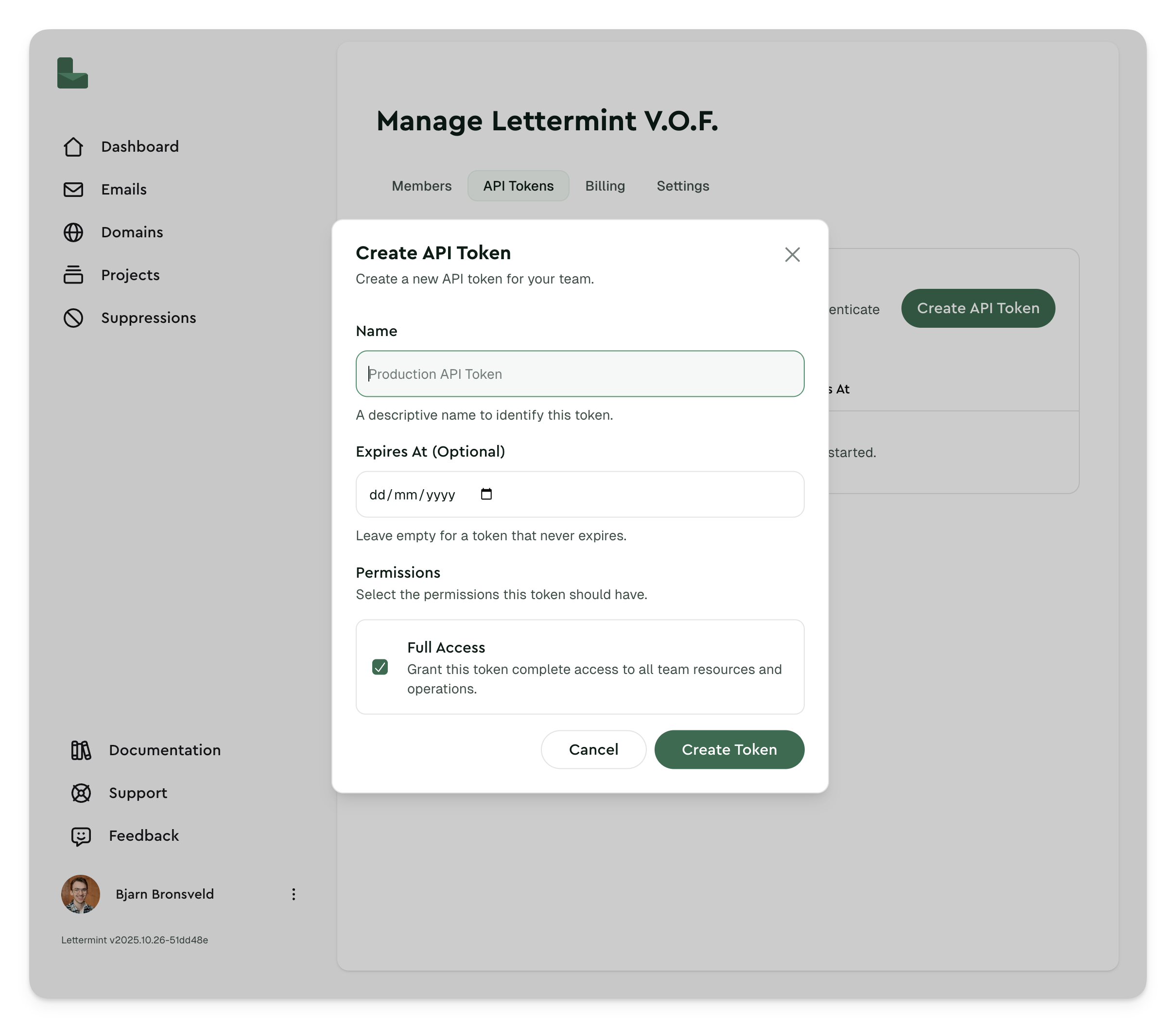Create team API token form showing name and abilities selection.